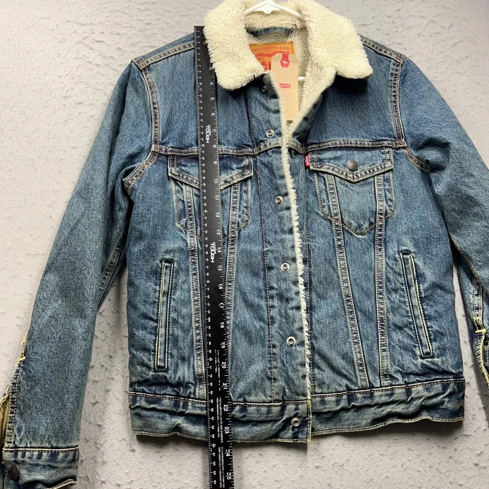 Levis Sherpa Lined Denim Trucker Jacket Blue Faux Fur XS 16365-0041 NEW